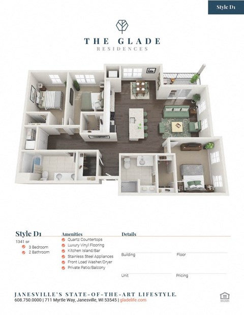 Floor plan for 3 beds, 2 baths, 1341 sqft